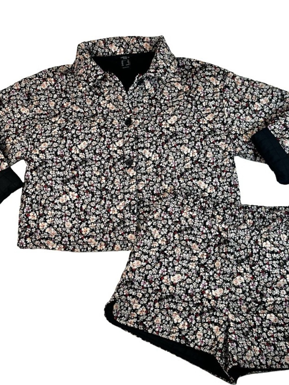 Forever 21 Kids Floral Quilted Jacket And Short Set Black Multi Color Size 7/8